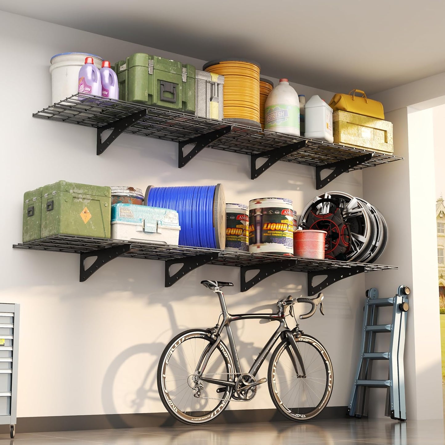 4-Pack Garage Wall Shelving, 2x4ft Walls Shelf Storage Rack, Sturdy Walls Shelves for 1200LBS, Black, Heavy Duty Shelving Wall Mounted for Garage, Kitchens, Storeroom, Basement, 47.2" x 23.6"