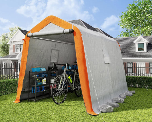 AMERLIFE 6x8x6.6 FT Heavy Duty Portable Shed Storage Shelter, Outdoor Storage Shed with 2 Waterproof Windows & Roll-Up Zipper Door, Carport for Motorcycle, Bike, Grey