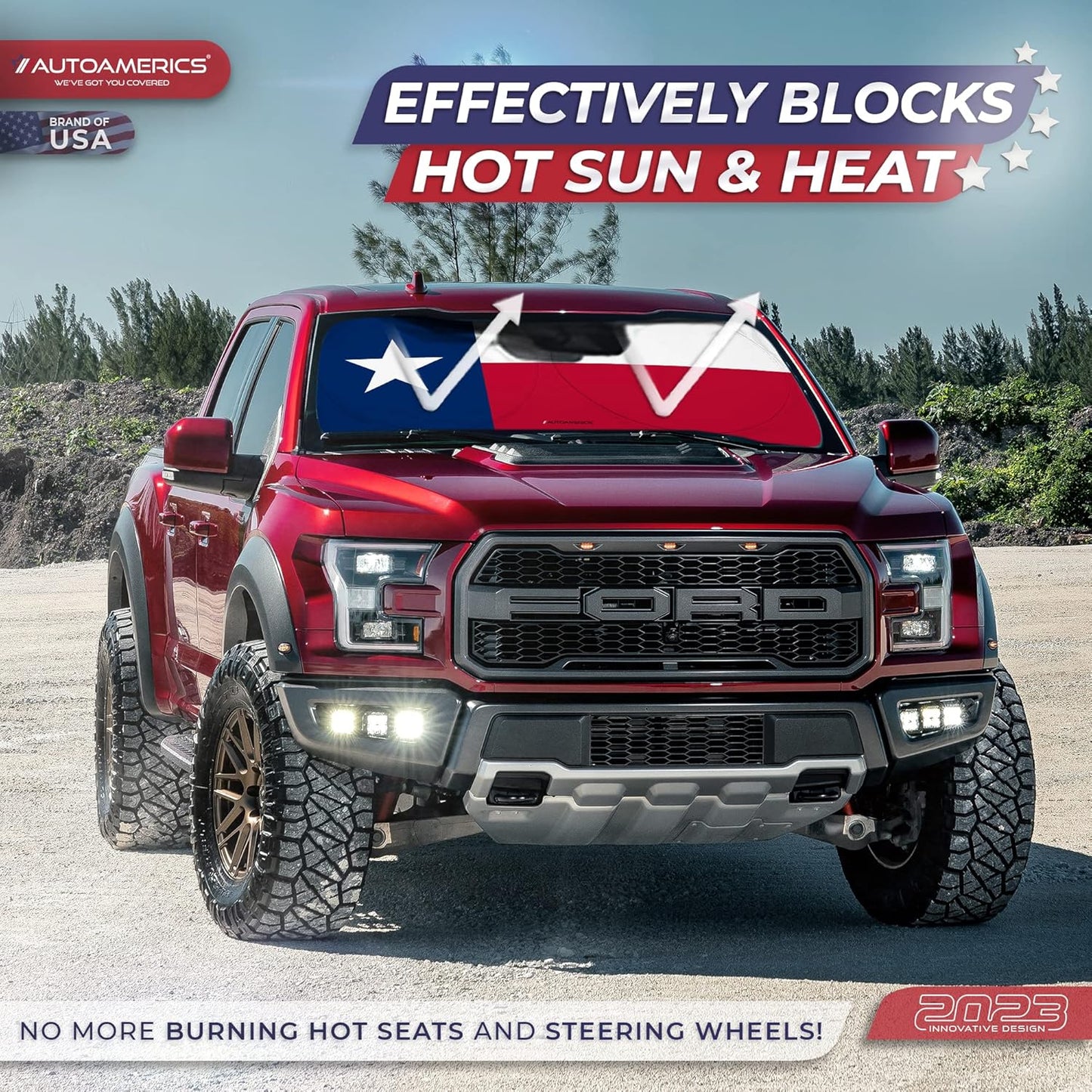 Autoamerics 1-Piece Windshield Sun Shade American Texas Flag USA Patriotic Design - Foldable Car Front Window Sunshade for Sedans SUV Truck - Blocks Max UV Rays and Keeps Your Vehicle Cool - Large