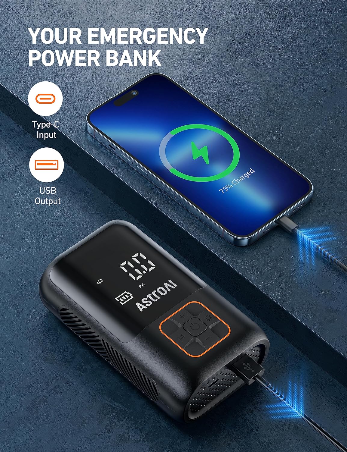 AstroAI Tire Inflator Portable Air Compressor Cordless Ultra-Lightweight Car Tire Pump 150 PSI Bike Pump with LED Lights & Digital Screen Air Pump for Cars, Motorcycles, E-Bikes, Balls-Black,Regular