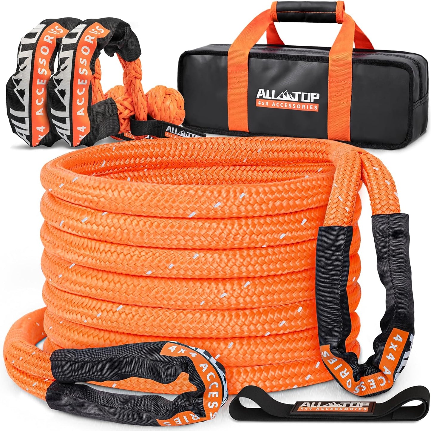 ALL-TOP Kinetic Rope Kit (Reflective) w/ 2 Soft Shackles, 48000Lbs, 1in x 30ft, Heavy Duty 30+% Elasticity, 16000Lbs Work Load Limit