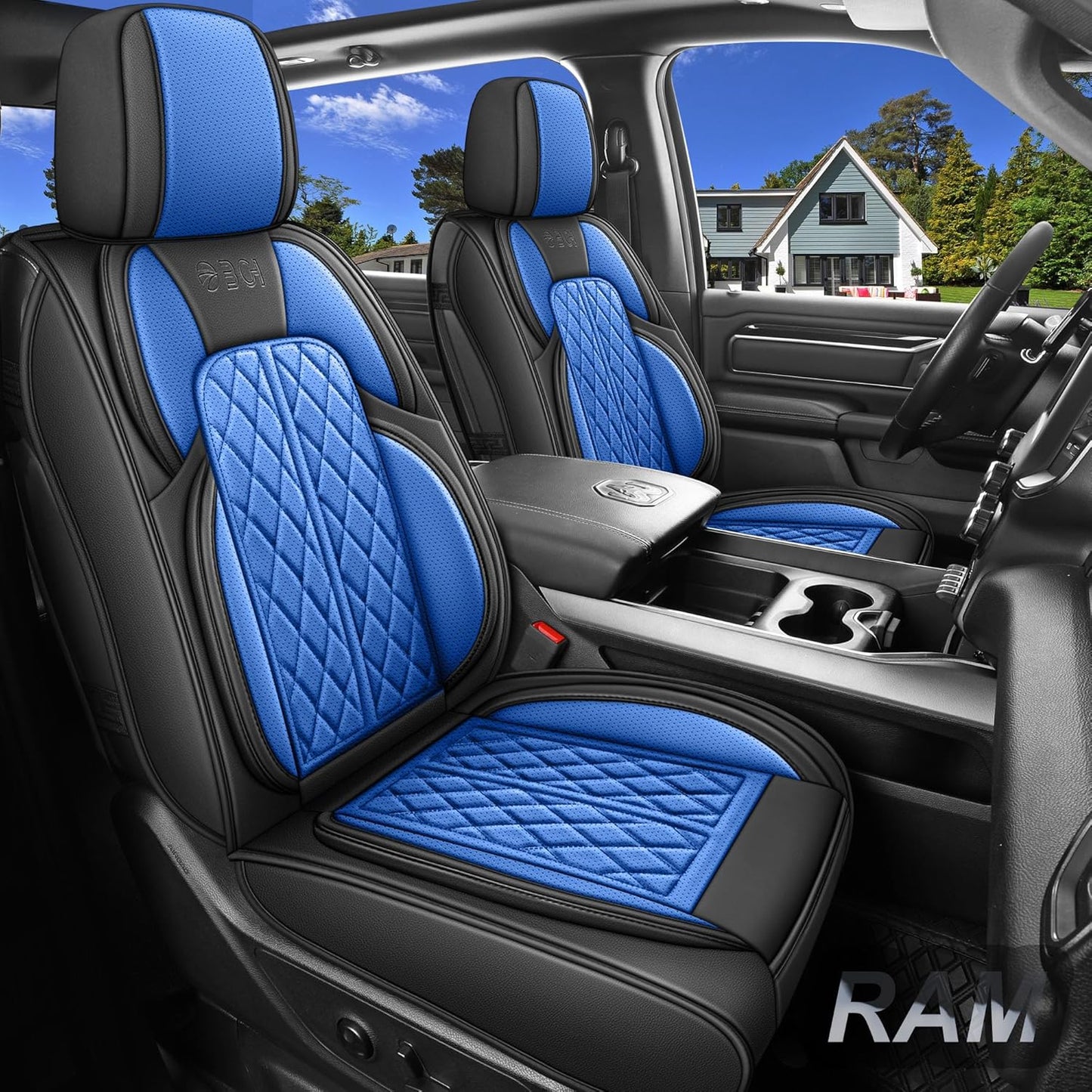 Car Seat Cover Custom Fit for Dodge Ram 1500 2500 3500 2002-2024 Faux Leather Seat Cover Set Compatible with Crew Quad Regular Cab Pickup Truck Cushions (Black & Blue, Full Set, Curved Rear)