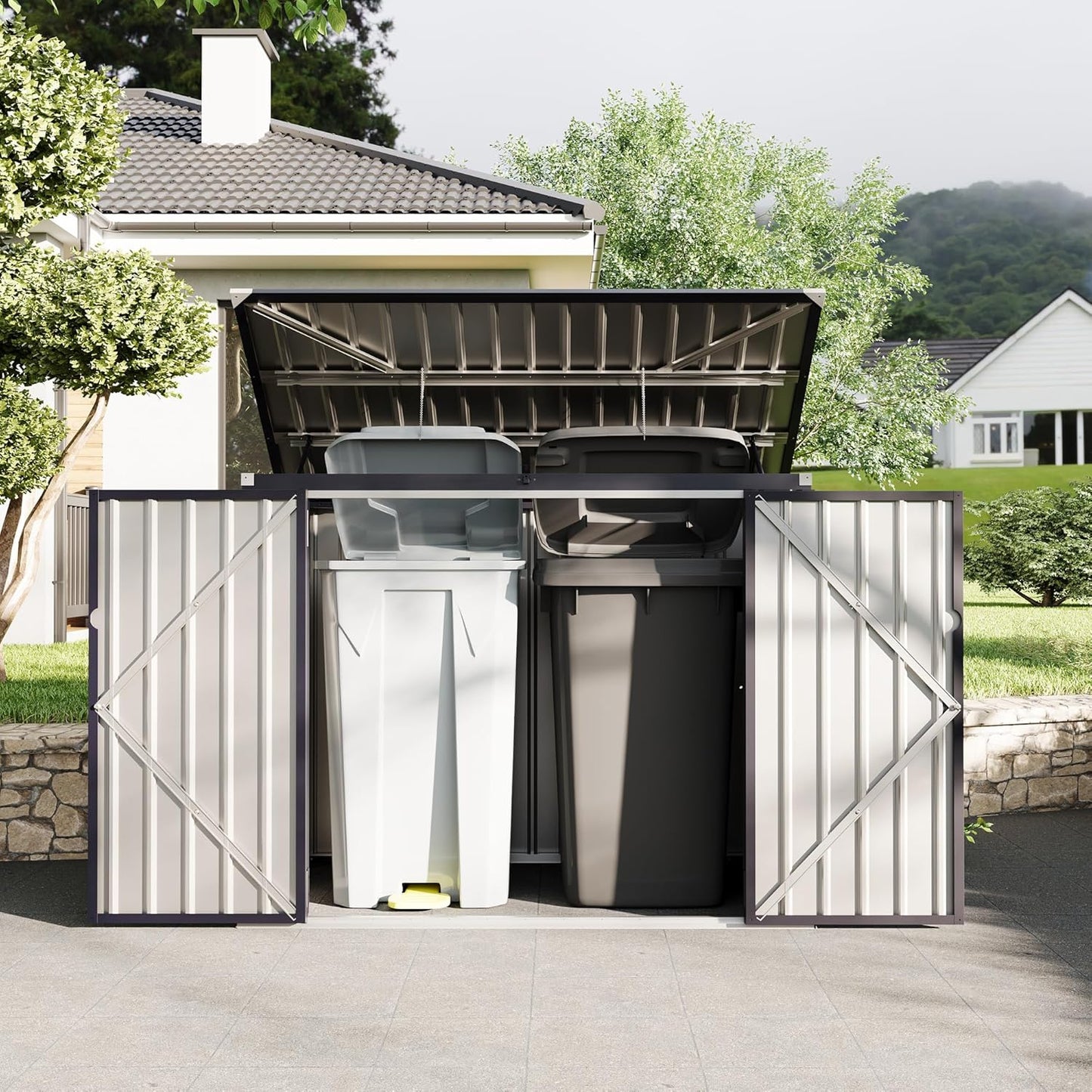 2 Trash Cans Metal Outdoor Storage, 3x6 FT Garbage Bin Storage Shed with Chain Lid, Garbage Can Metal Sheds for Garden, Backyard, Lawn and Patio