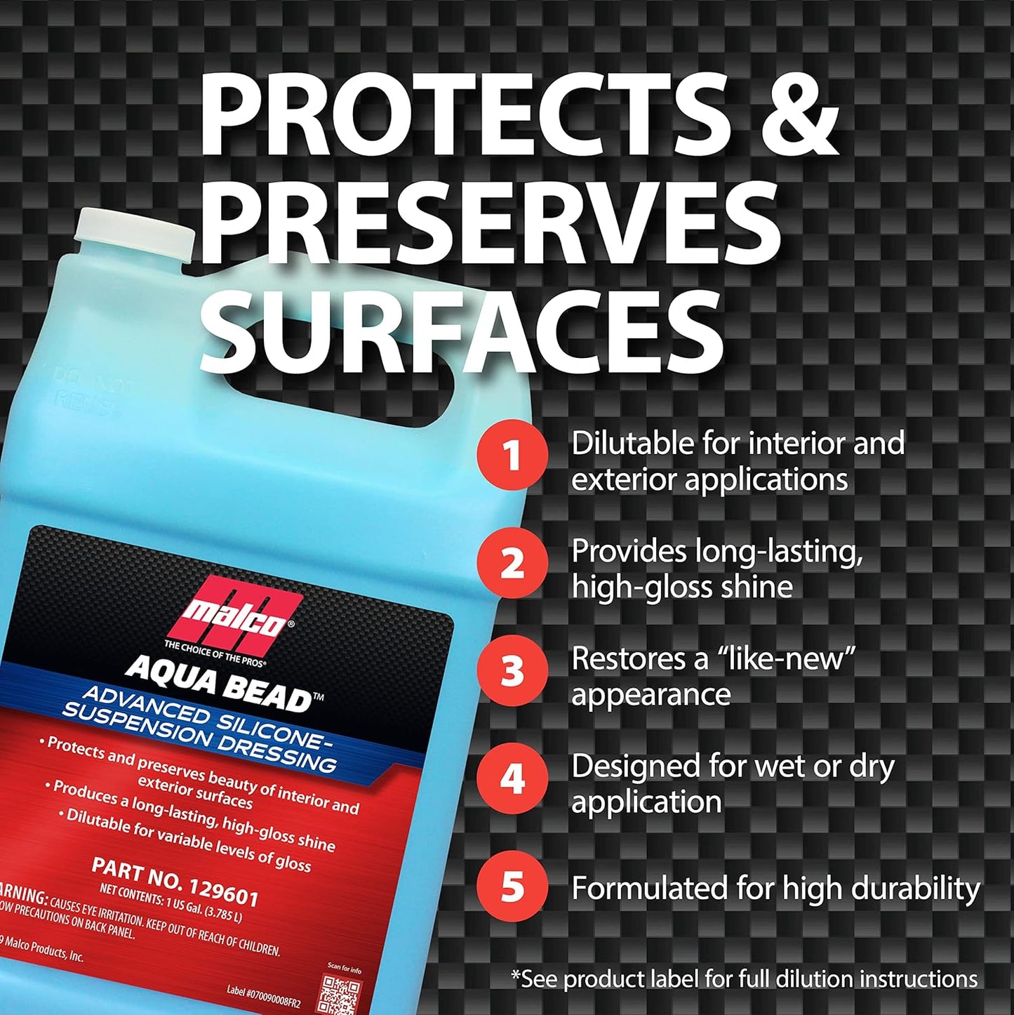 Malco Aqua Bead Water Based Dressing - Non-Greasy Interior and Exterior Dressing/Shines Car Tires, Rubber, Plastic and Trim/Concentrated Formula, Dilutable for Variable Gloss / 1 Gallon (129601)