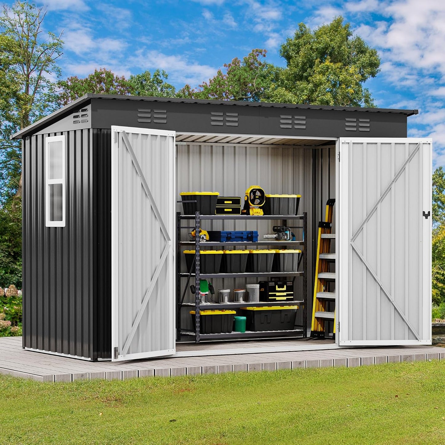 DWVO 9' x 4' Outdoor Storage Shed with Windows, Lockable Double Doors, Sloped Roof, Heavy-Duty Steel Shed for Garden & Patio, Large Backyard Tool Organizer, Dark Gray