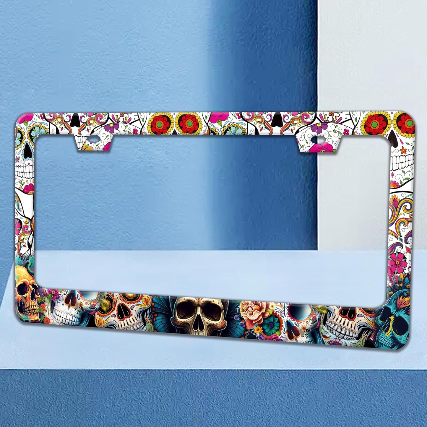 Sugar Skull License Plate Frame Skeleton Flowers License Plate Holders Funny Stainless Steel Auto Accessory Bracket 2 Hole with Screws Universal Us Car License Plate Frames 6x12 Inch for Women Men
