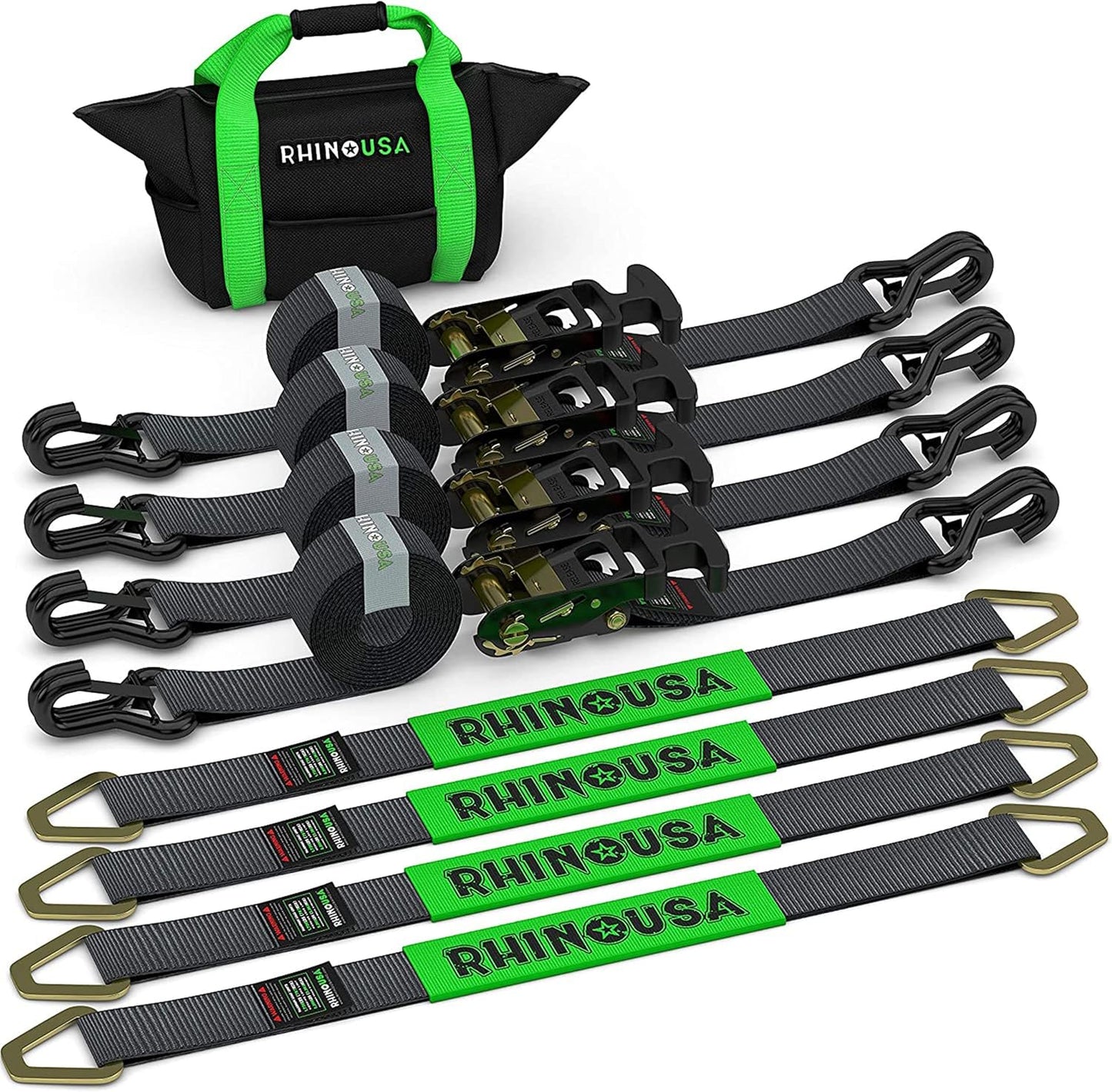 Rhino USA Car Tie Down Straps for Trailers with J Hooks (4-Pack) – 2" x8' (10,000lb Break Strength) – Heavy Duty Car Hauler Tire Straps with Axle Straps for UTV, Powersports & More – Black