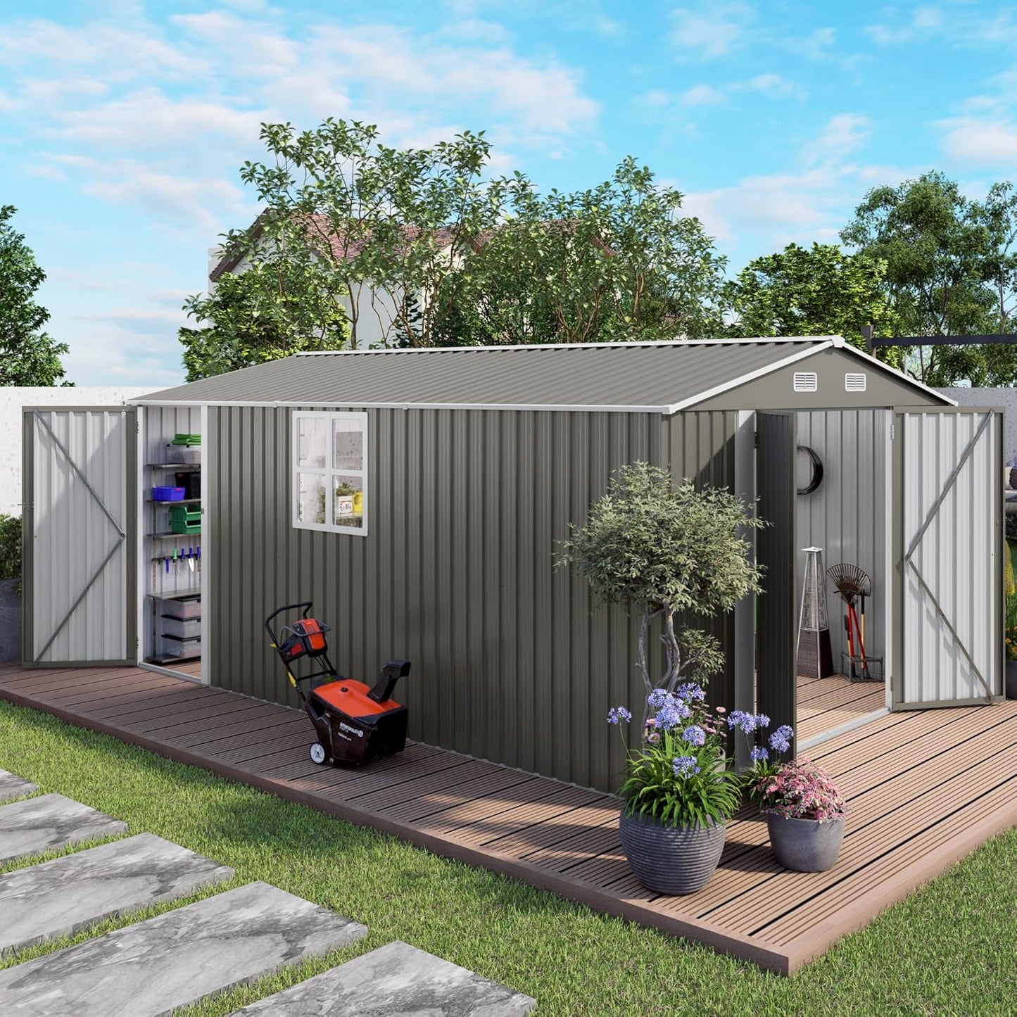10x14 FT Outdoor Storage Shed with Window, Metal Sheds & Outdoor Storage with 3 Lockable Door and 4 Vents, Outside Storage Shed Waterproof for Backyard, Garden, Patio, Gray