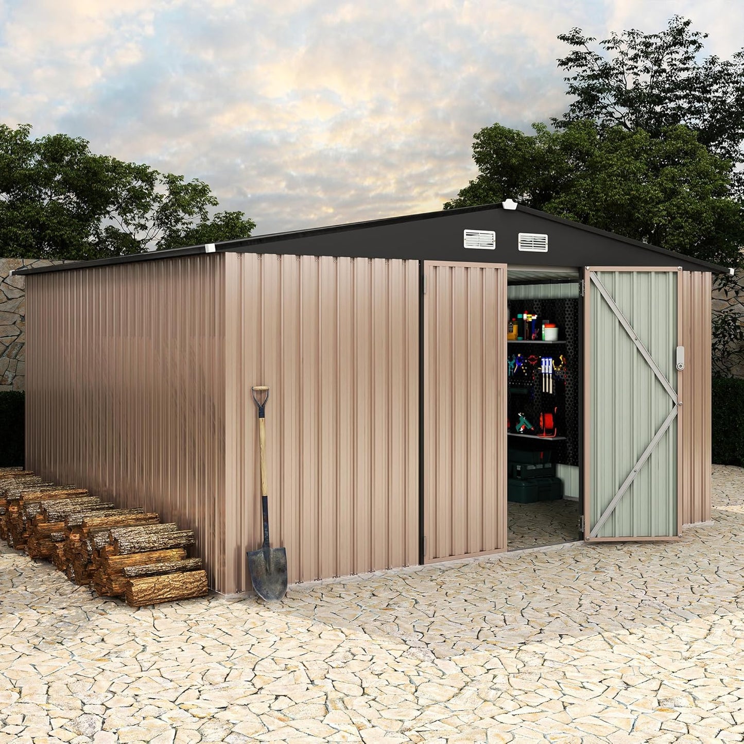 10X12FT Outdoor Metal Storage Shed, Lockable Weatherproof Garden Shed for Tools & Equipment, Durable Galvanized Steel with Sloping Roof & Ventilation, Ideal for Backyard, Patio & Garage Storage, Brown