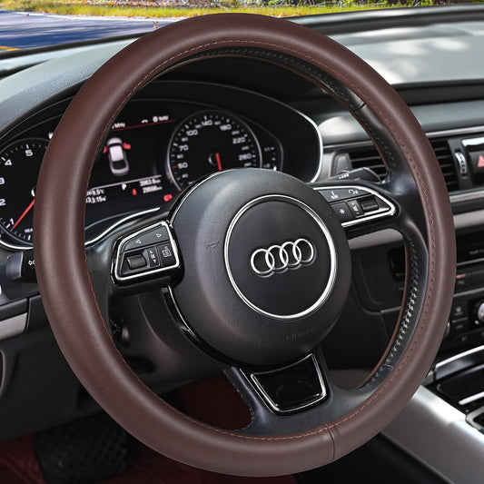 Haokay Heavy Duty Pure Cowhide Steering Wheel Cover, Genuine Leather Steering Cover Brown Leather Steering Wheel Cover with 15 Inches Universal Fit (Brown-1)