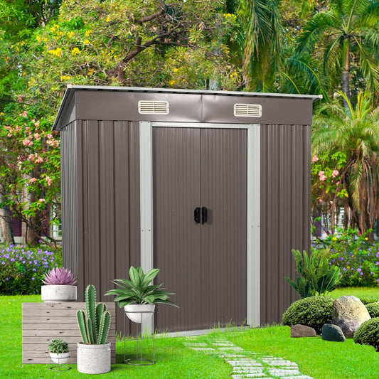 6 x 4 FT Outdoor Storage Shed,Metal Anti-Corrosion Utility Tool House with Punched Vents, w/Sliding Doors & Padlock,Waterproof Garden Sheds for Backyard Lawn Patio,Grey