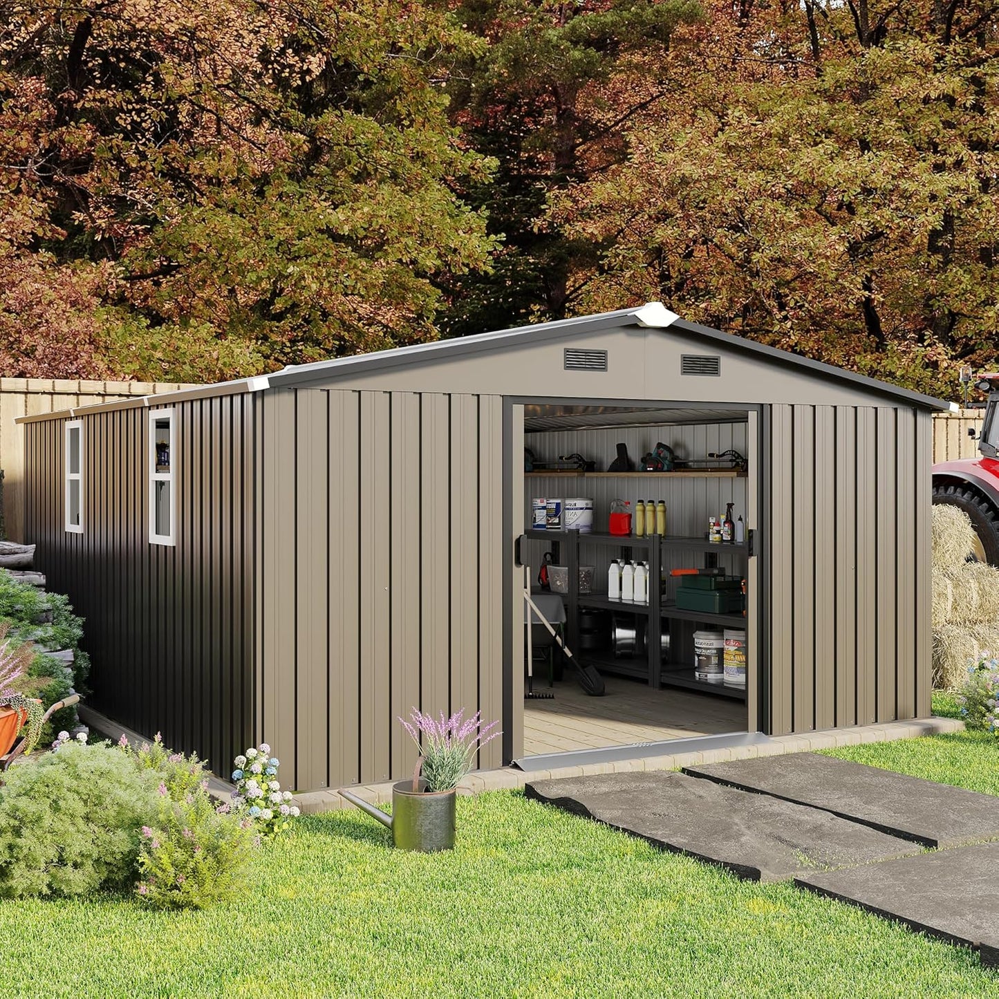 12 x 10 FT Outdoor Storage Shed, Metal Garden Tool Shed with Slooping Roof, Lockable Doors, All-Weather Bike Shed Easy to Assemble for Backyard, Patio, Lawn, Brown